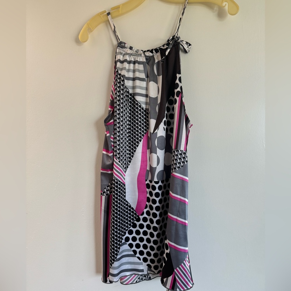 Halter top; pink, gray, black, white print. Blouse is designed for tall women!